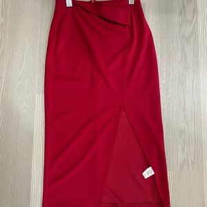 Red Pencil Midi Skirt with Front Slit - Women